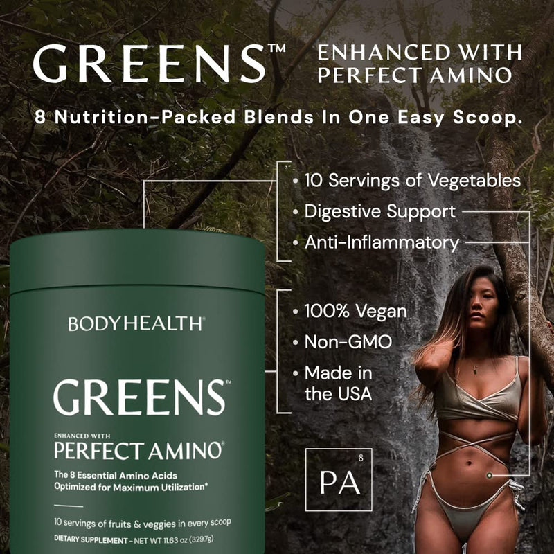 BodyHealth Greens Enhanced with PerfectAmino - Daily Superfood Green Apple Smoothie Powder with Vegetables, Fruit, Antioxidants, Prebiotics, Probiotics, Fiber, and Protein - 30 Servings 12.2 Ounce (Pack of 1) - BeesActive Australia