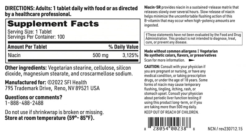 SFI Health Klaire Labs Niacin-SR, 100 Scored Tablets | 500 Milligrams Sustained Release Essential Vitamin B3 to Help Avoid Flush, Adjustable Dose & Hypoallergenic