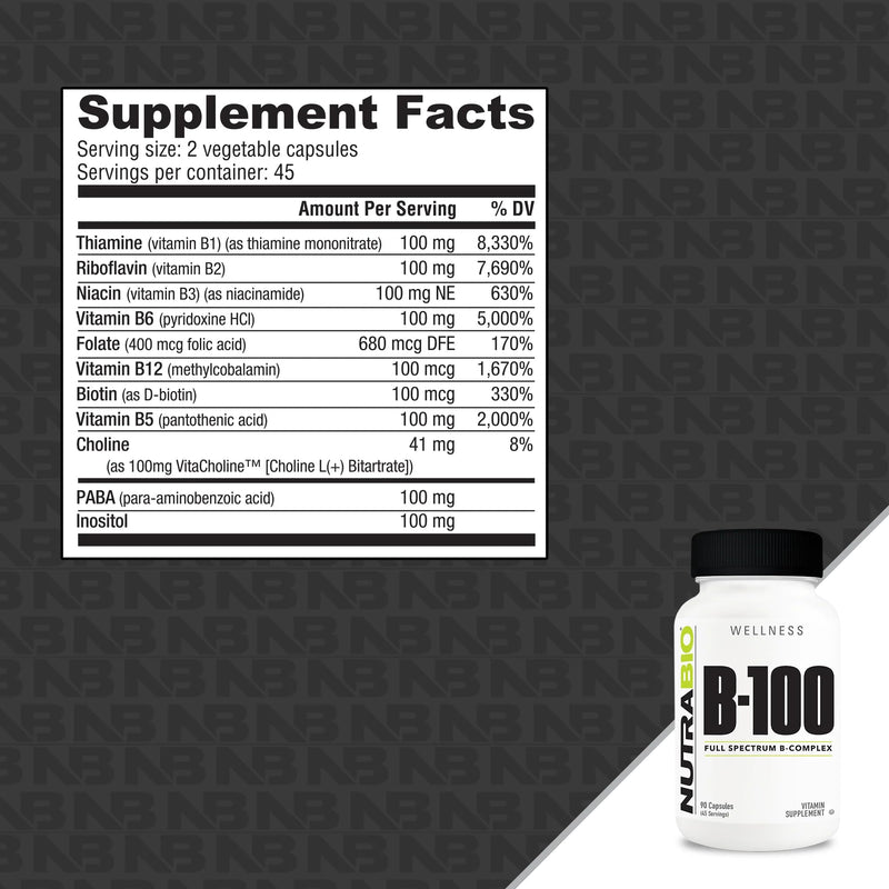 NutraBio B-100, B Vitamin Complex, Immune System Support, Healthy Hair, Skin, Nails, 90 Vegetable Capsules 90 Count (Pack of 1)