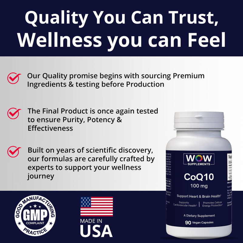 WOW Supplements CoQ10 100 mg with Hawthorn Berry - High Absorption CoQ10 100mg for Energy Production, Heart and Cellular Health - Non-GMO, Gluten-Free Coenzyme Q10 100mg Supplement - 90 Capsules