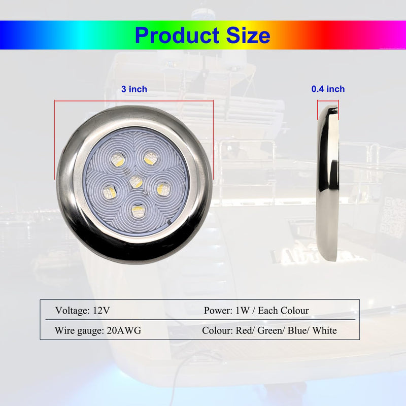 Marine Boat Courtesy Lights, 3 Inch RGBW LED Cabin Light, IP67 Waterproof Stainless Steel Interior Exterior Deck Dome Lamp for Fishing Pontoon Bass Sailboat 12V (4 Pcs)