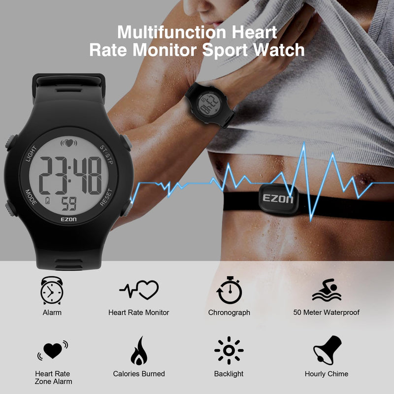 EZON Heart Rate Monitor Chest Strap and Digital Watch,5ATM Waterproof Fitness Tracker with HRM,Calories Burned,Stopwatch and Hourly Chime - Ideal Fitness Presents for Men and Women Black - BeesActive Australia