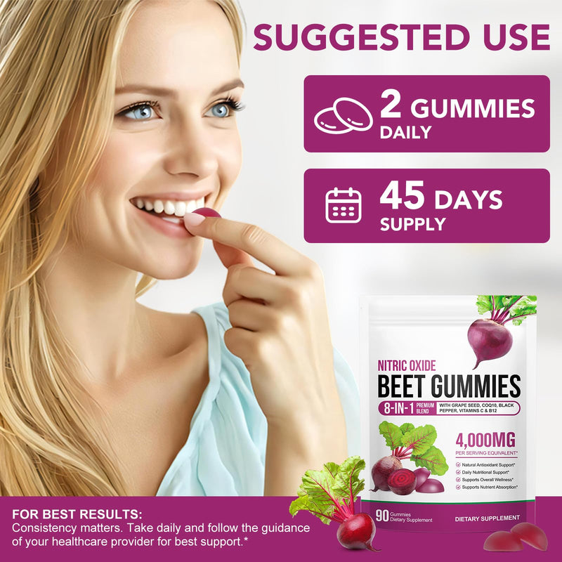 90 Chews Beet Root Gummies, Sugar Free | 8 in 1 Beet Root Extract with CoQ10, Grapeseed Extract 90 Chews for Antioxidant, Promoting Nitric Oxide, Energy Level Suport, with Vitamin B12, C 90 Count (Pack of 1)