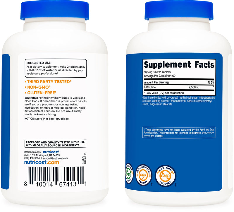 Nutricost L-Citrulline 2500mg Per Serving, 60 Servings, 1250mg Per Tablet, 120 Tabs - Non-GMO and Gluten Free Supplement (Pack of 2) 120 Count (Pack of 2)