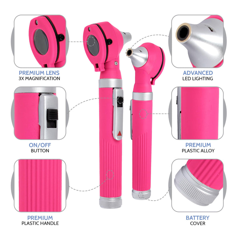 Pocket LED Otoscope for ENT Examination – Bright Light Diagnostic Tool for Students & Home Use, Pink, 10 Specula + Extra Bulb - BeesActive Australia