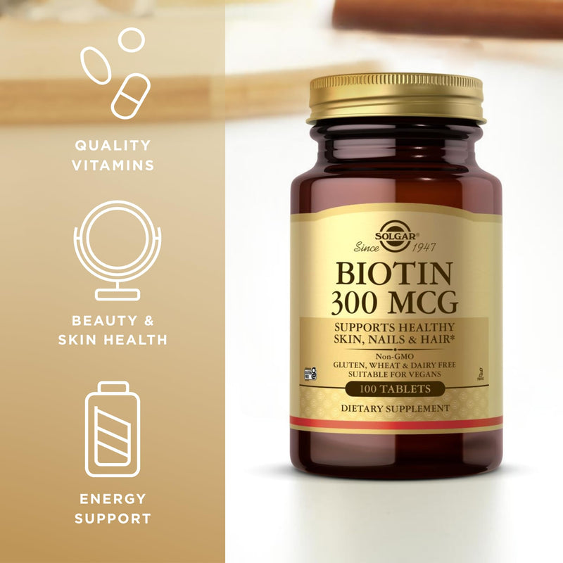 Solgar Biotin 300 mcg - 100 Tablets, Pack of 3 - Supports Healthy Skin, Nails & Hair - Non-GMO, Vegan, Gluten Free, Dairy Free, Kosher, Halal - 300 Total Servings 300 Count (Pack of 1)