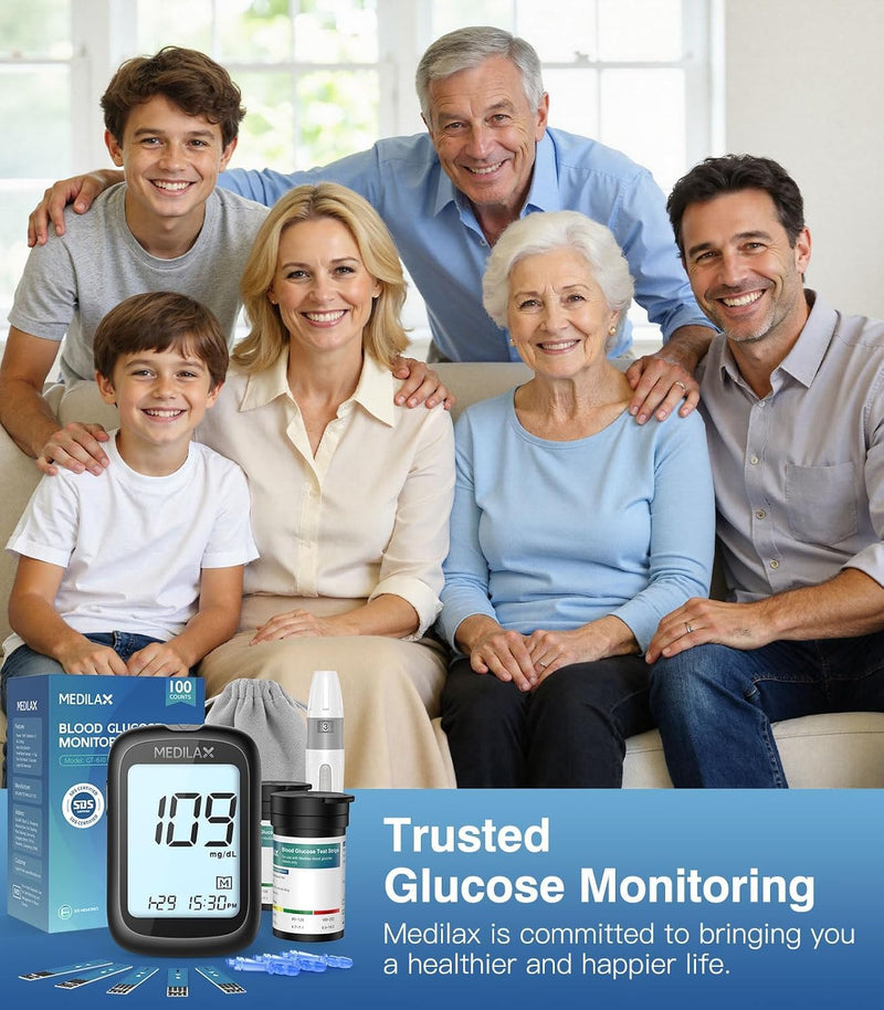 Medilax Blood Glucose Monitor Kit, Blood Sugar Testing Kit with 100 Strips Black