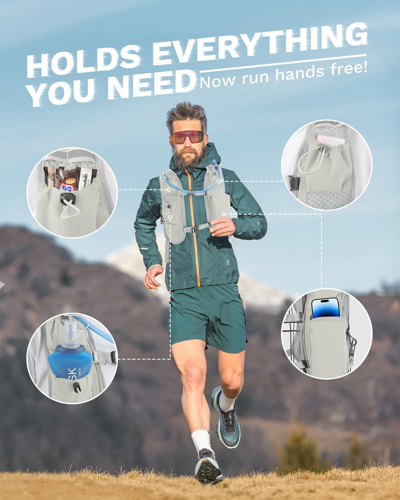 Running Vest for Women and Men, Hydration Running Backpack, Runners Vest, Hydration Vest, with Front Phone Holder, Adjustable Chest and Waist Strap Gray White Bladder and Backpack