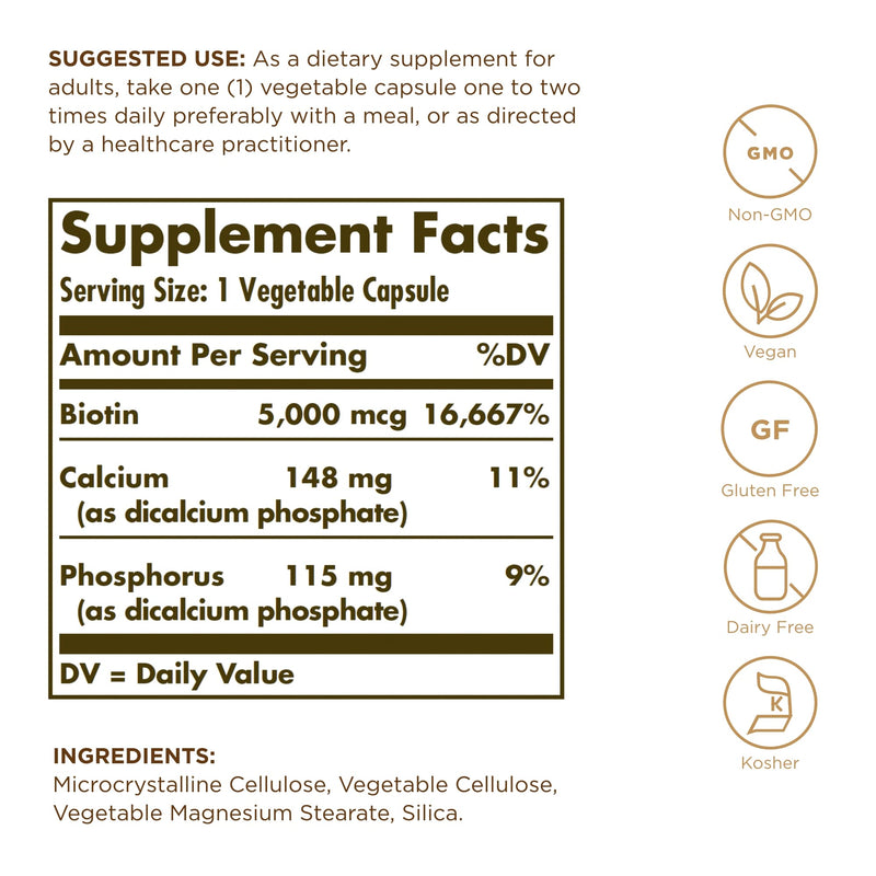 Solgar Biotin 5000 mcg - 100 Vegetable Capsules - Supports Healthy Skin, Nails & Hair - Non-GMO, Vegan, Gluten Free, Dairy Free, Kosher - 100 Servings 1 Count (Pack of 100)