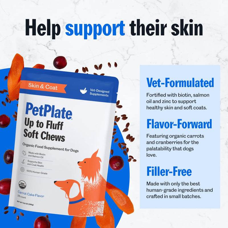 PetPlate Up to Fluff Soft Chews for Dogs, Skin & Coat Support, USDA Organic Supplement, Grain-Free, Human-Grade, Includes Salmon Oil and Biotin, Pet Supplies (Pack of 1, 9.8 Ounce) - PawsPlanet Australia