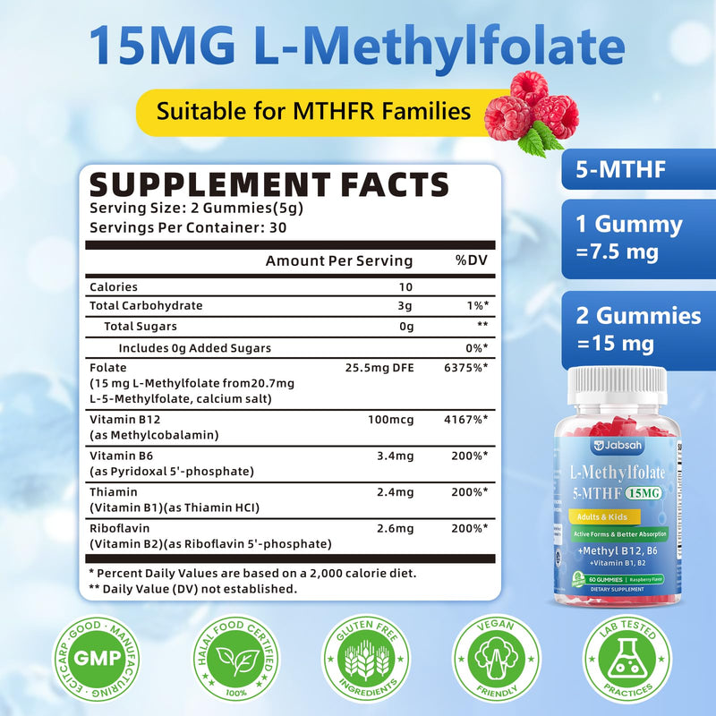 L-MethylFolate 15mg+ Methyl B12 Gummies for Kids & Adults - Active 5-MTHF with Methyl B6, B1, B2 Multivitamin, Supports MTHFR Gene, Cognition, Focus, Vegan, Raspberry Flavor, 120 Count 60 Count (Pack of 2)