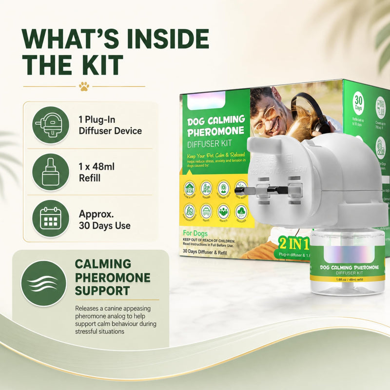 W-Direct Dog Calming Pheromone Plug In Diffuser Kit 2 in 1 Set – 30 Day 48ml Refill – Stress & Anxiety Relief for Dogs, Separation, Noise & Multi Dog Homes