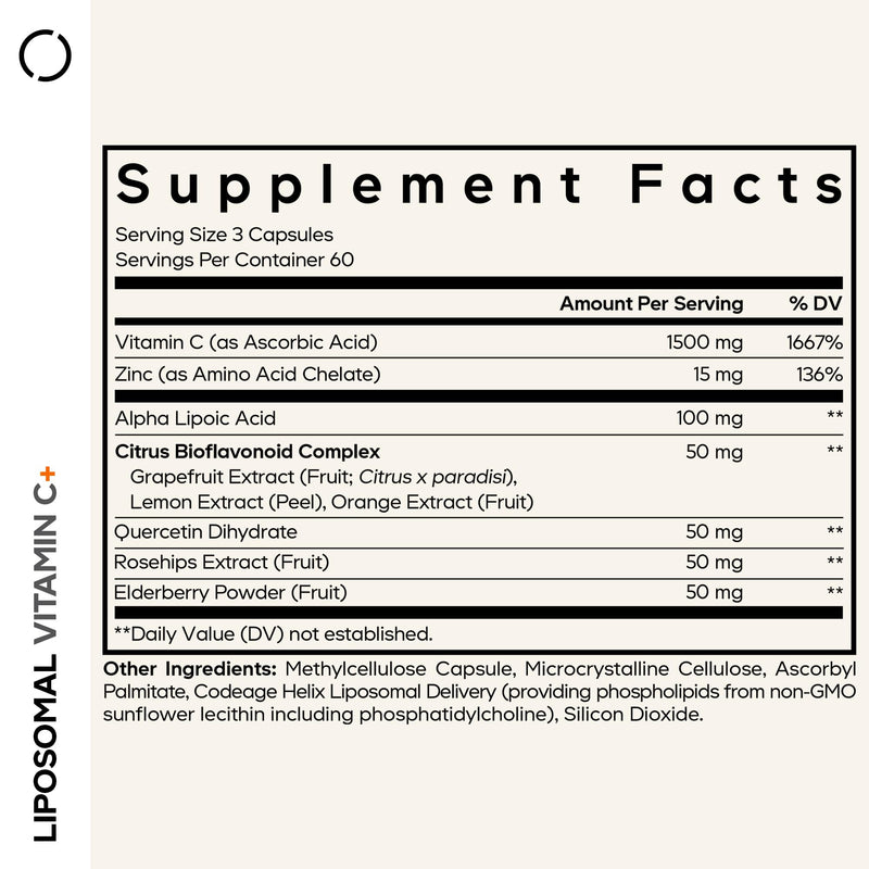 Codeage Liposomal Vitamin C 1500mg with Zinc, Elderberry, Citrus Bioflavonoids Grapefruit, Lemon, Orange Powder, Quercetin & Rose Hips Fruit – Vegan Supplement - Non-GMO, Vegan Pills, 180 Capsules 1