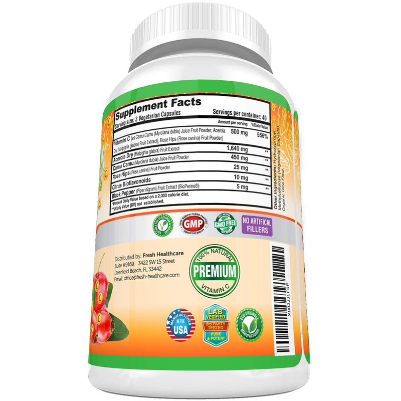Fresh Healthcare Vitamin C 500mg Capsules, Whole Food Natural Supplement from Rose Hips, Acerola Cherry and Camu Camu with Citrus Bioflavonoids and BioPerine for Immune Support, 120 Vegan Pills