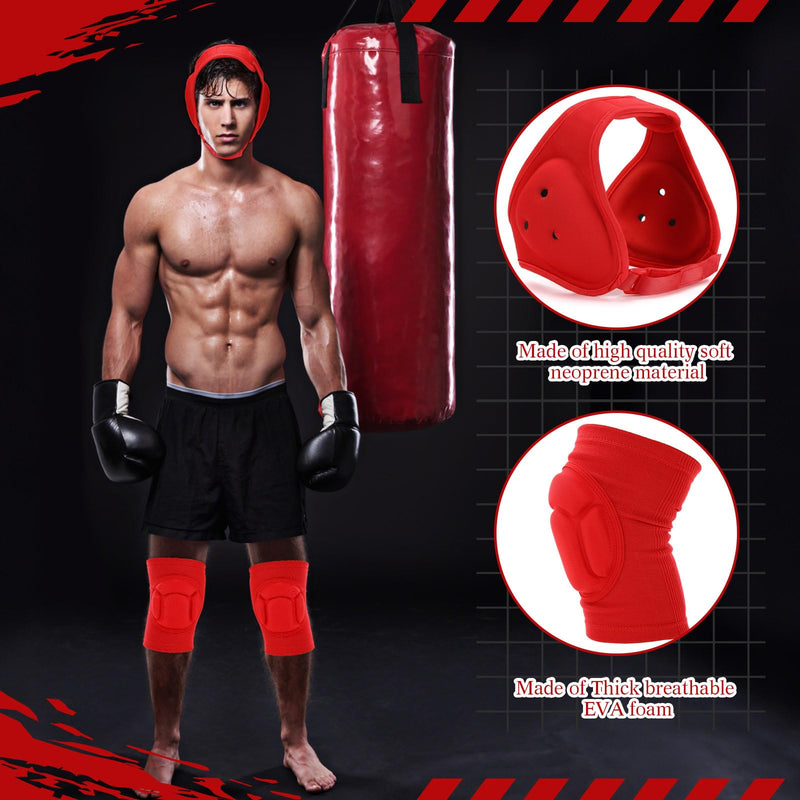 Wrestling Headgear for Kids Youth with Protective Knee Pads Soft Grappling Headgear Wrestling Ear Protection Thick Sponge Anti Slip Knee Sleeve for Sparring Brazilian Jiu Jitsu Red