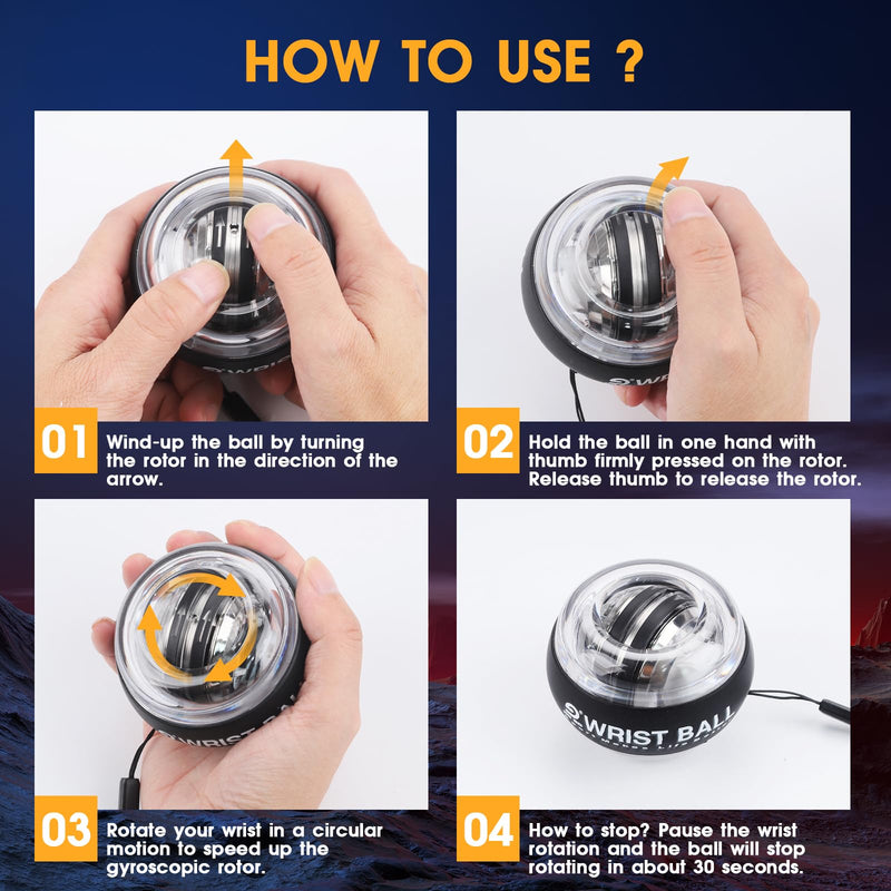 Wrist Ball Gyroscope Forearm Trainer, Torque Ball, Power, Automatic Start Wrist Strengthener, Black without LED light combination