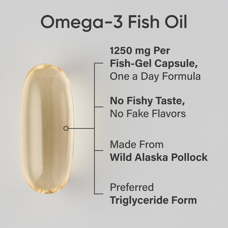 Sports Research® Omega-3 Fish Oil 1250mg from Wild Alaska Pollock,180 Count | Always Fresh Never Fishy | 690mg EPA 260mg DHA per Softgel · Heart & Brain Health* · MSC Certified Sustainable - 180 Servings 180 Count (Pack of 1) From Alaska