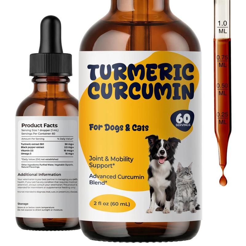 Turmeric Curcumin Drops for Dogs & Cats, Joint Comfort & Mobility Support, High Absorption Liquid Turmeric with Black Pepper, Omega-3 & Vitamin D3, Helps Maintain Flexibility & Daily Movement, 2 fl oz