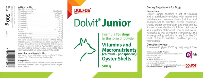 Dolvit Junior 500g Vitamins Macronutrients Calcium and Phosphorus from Oyster Shells for Dogs