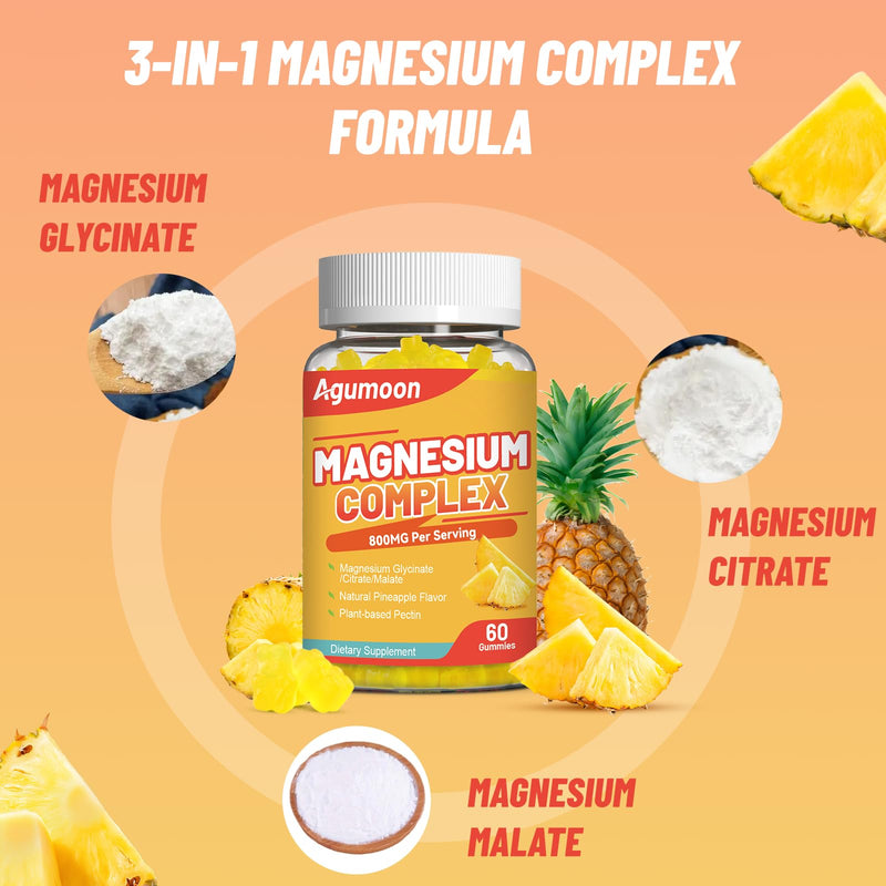 Magnesium Complex Gummies 800mg with Zinc & B6, B12, C, D3, 60 Count | High Absorption Glycinate, Citrate, Malate, Magnesium Complex for Women Men, Non-GMO, Gluten-Free, Pineapple Flavor 60 Count (Pack of 1)
