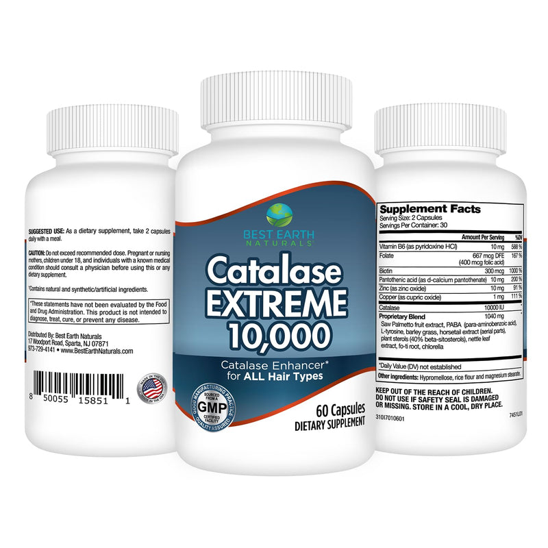 Best Earth Naturals Catalase Extreme Supplement 10,000 with Saw Palmetto, Biotin, Fo-Ti, PABA - Hair Supplements for Strong Hair - 180 Capsules - Pack of 3 (90-Day Supply)