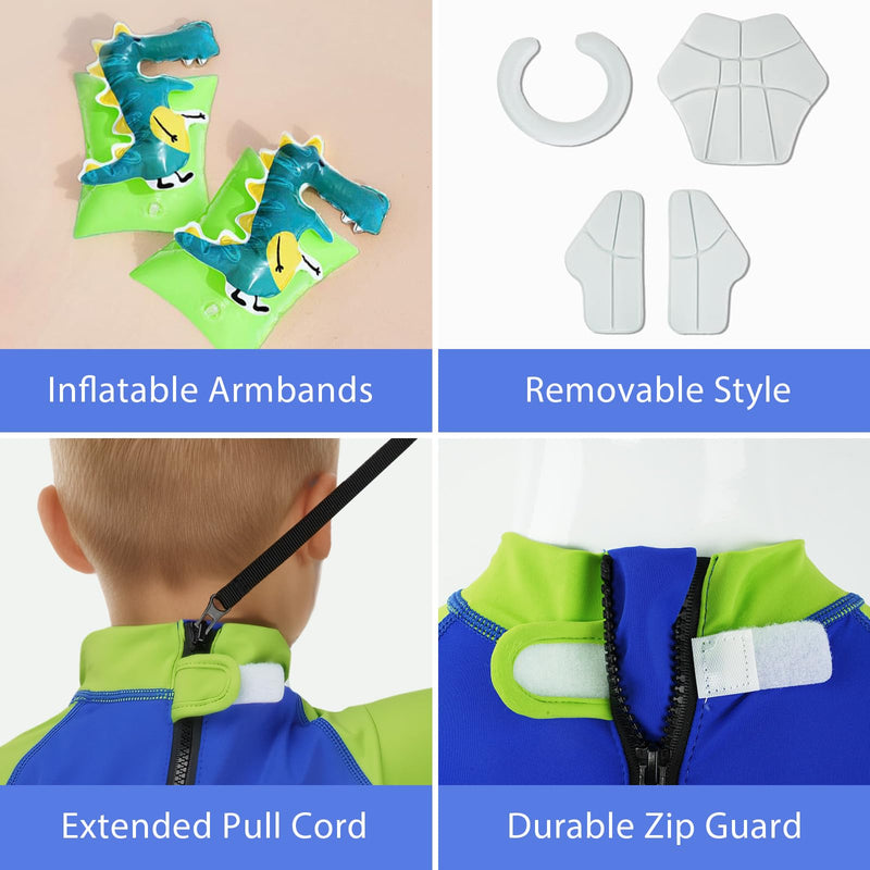 Gogokids Floatation Swimsuit One Piece Swimwear Float Suit Swim West, Toddler Bathing Suit Rash Guard with Arm Floaties Skateboarding Dinosaur 6