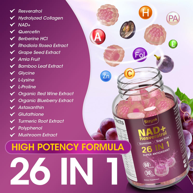 NAD Resveratrol Gummies, NAD supplements for Women with Hydrolyzed Collagen, Grape Seed, and D-Biotin Support Antioxidant Action, Anti-Aging, Cell Regeneration & Energy, Sugar-Free, 60 Gummies, 2 Pack 60 Count (Pack of 2)