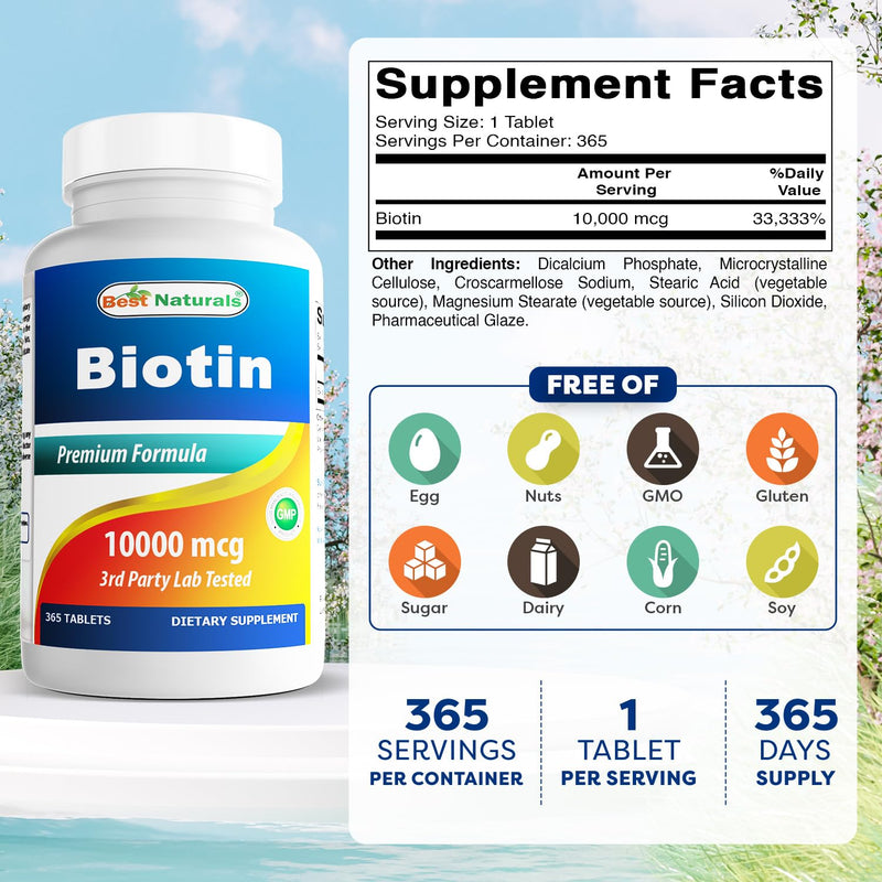 Best Naturals Biotin (Also Called Vitamin B7), 10,000 mcg 365 Tablets (365 Count (Pack of 2)) 365 Count (Pack of 2)