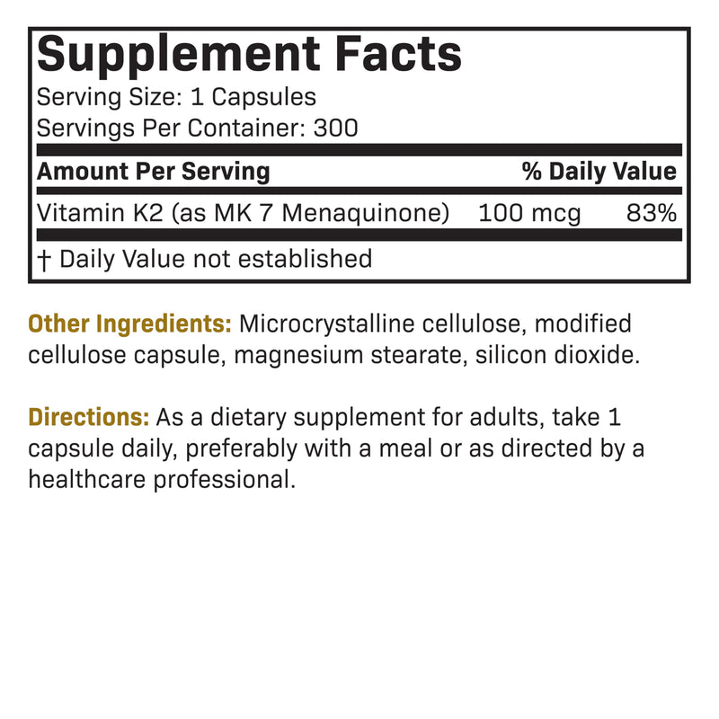 Futurebiotics Vitamin K2 as MK-7 100 mcg, Supports Strong Bones- Non-GMO, 300 Vegetarian Capsules 300 Count (Pack of 1)