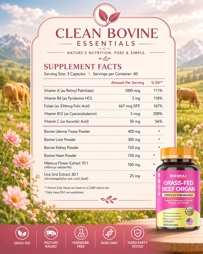 Beef Organ Supplement for Women, Grass-Fed Beef Liver Uterine Kidney Heart Organ Complex with Vitamins & Herbal | Detox, Hormone, Iron-Rich Energy & Skin Renewal | 120 Caps, 3rd Party Tested
