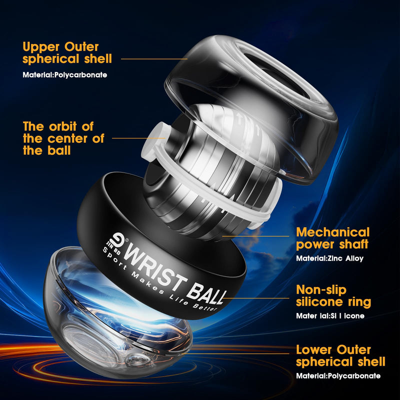 Wrist Ball Gyroscope Forearm Trainer, Torque Ball, Power, Automatic Start Wrist Strengthener, Black without LED light combination