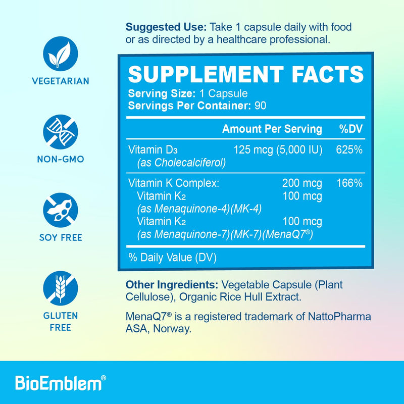 BioEmblem Vitamin D3 K2 Capsules (5000IU and 200mcg) - Patented MK7 and MK4 for 3-in-1 Complex Support - Vegetarian Vitamin D K2 Supplement for Teeth, Heart, Immune System - Non-GMO, 90 Caps | 3-In-1 Complex With Patented MenaQ7 for Calcium, Bone, Teet...
