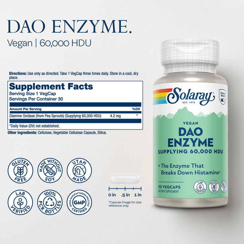SOLARAY DAO Enzyme 60000 HDU, 30 VegCaps | Histamine Digestion Support, Plant Based DAO Enzyme, Enteric Coated, 30 Servings, Vegan, Lab Verified 30 Count (Pack of 1)