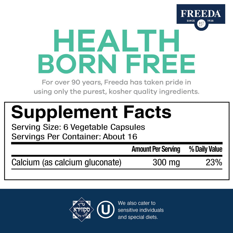 FREEDA Calcium Gluconate Supplement for Bone & Joint Support – 500 Capsules | Supports Teeth & Muscle Health – Pure Calcium w/o Vitamin D – Gentle on Stomach, Easy-to-Digest, Kosher, Vegan, Made in USA 500 Count (Pack of 1)