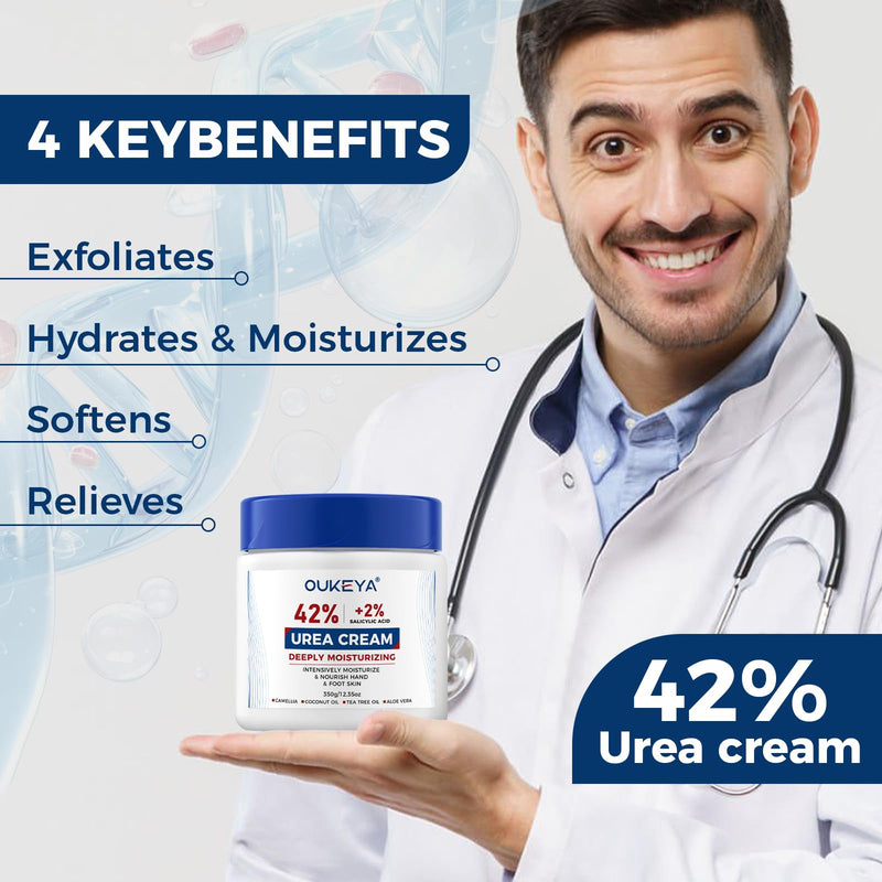OUKEYA Urea Cream 42% plus Salicylic Acid 2% Net 350g for Dry Cracked Feet, Heels, Knees, Elbows, Hands Repair Treatment.Moisturizes and Removes Corns,Calluses,Dead Skin,and Softens Toenails 12.35 Ounce (Pack of 1)