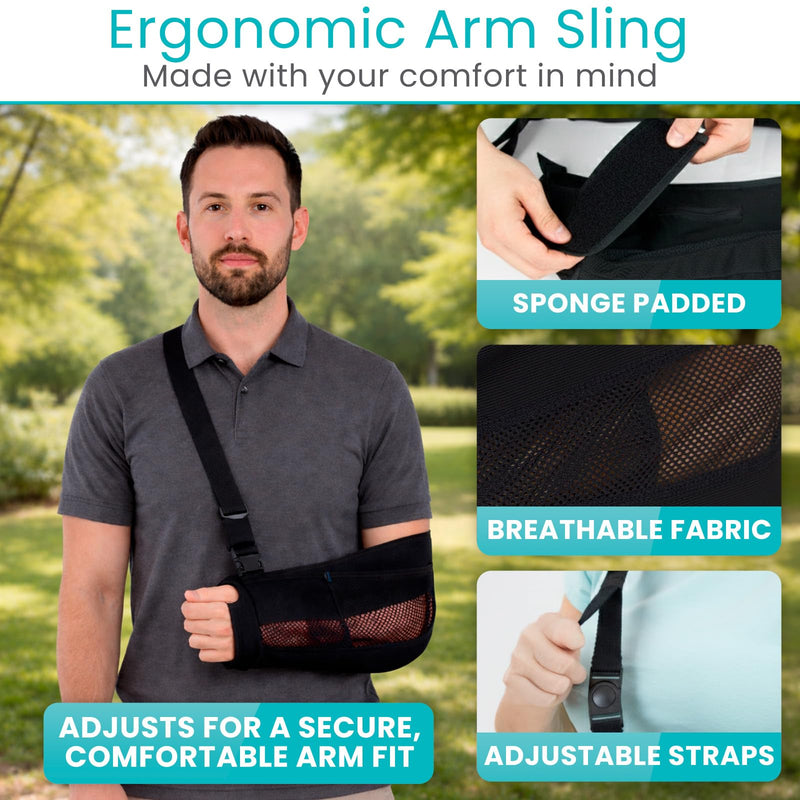 Vive Medical Arm Sling for Shoulder Injury (Left or Right)- Shoulder Immobilizer for Broken Arm, Rotator Cuff, Elbow - Support Brace for Men & Women (Black) - BeesActive Australia