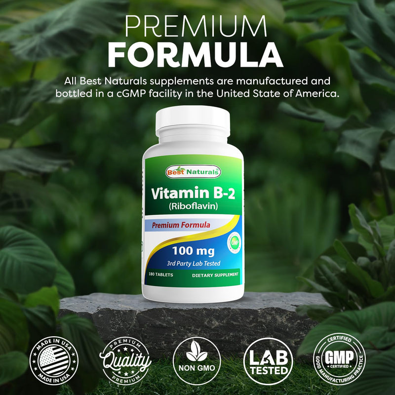 Best Naturals Vitamin B2 (Riboflavin) 100 mg 180 Tablets - Premium Formula - 3rd Party Lab Tested (Pack of 2) 180 Count (Pack of 2)