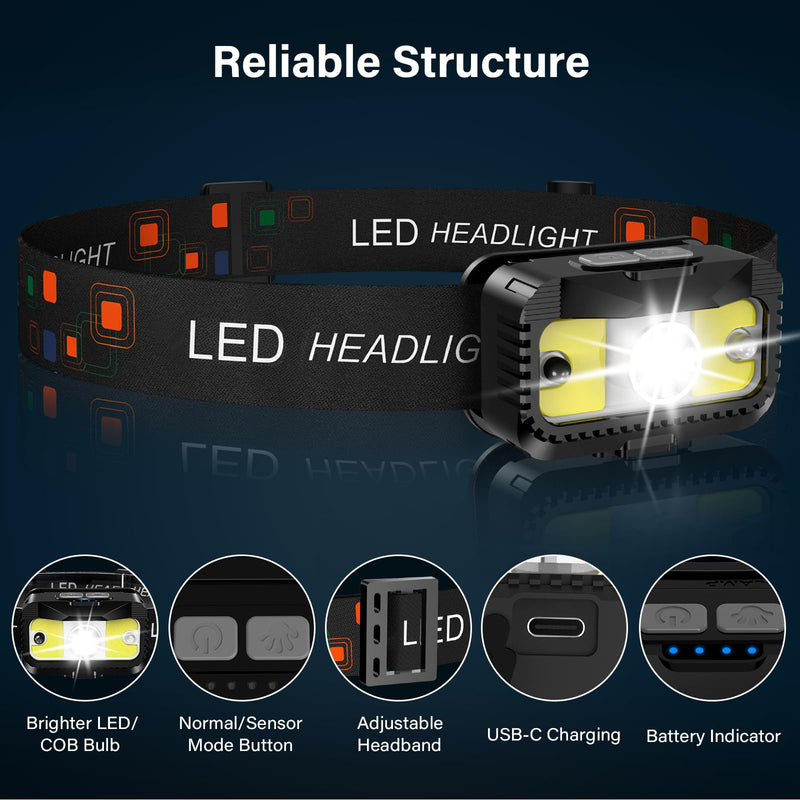 Headlamp Rechargeable, Ultra Bright LED Head Lamp Flashlight with White Red Light, Motion Sensor Waterproof Headlight,8 Modes Head Lights for Outdoor Camping Fishing Running-4 Pack 4 Packs