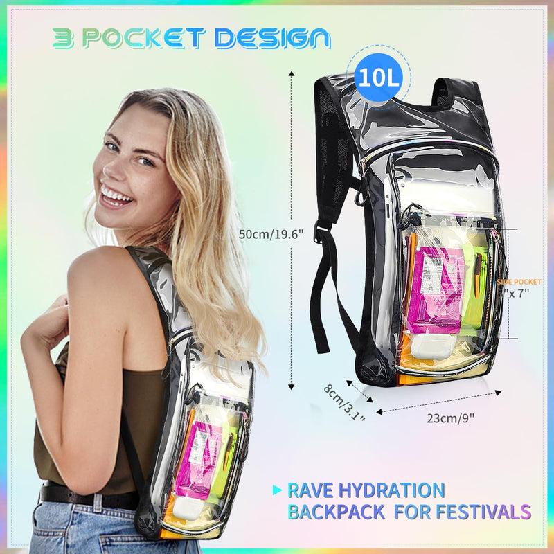 Hydration Backpack with 2L Water Bladder, Raves Water Backpack, Lightweight Insulation Hydration Pack for Men and Women, Suitable for Music Festivals, Raves, Hiking, Activities Transparent Clear