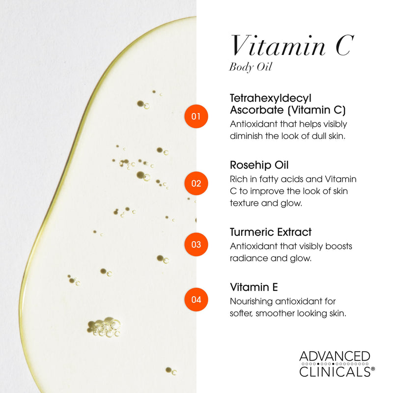 Advanced Clinicals Vitamin C Brightening Body Oil For Women & Men | Vitamin C Glow Oil Skin Care Body Moisturizer With Vitamin E + Botanicals To Help Improve Look Of Dark Spots + Dry Skin, 12 Fl Oz 12 Fl Oz (Pack of 1)