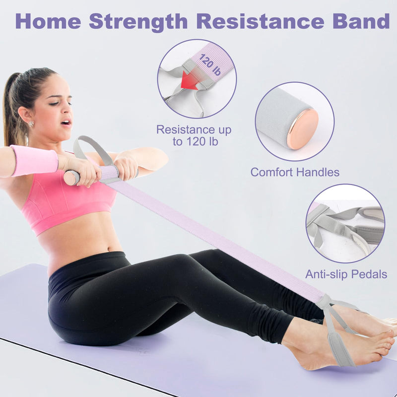 Women Workout Resistance Band with Handle and Pedal, Non-Slip Elastic Bands, 120lb Physical Therapy Bands Purple Band + Stick