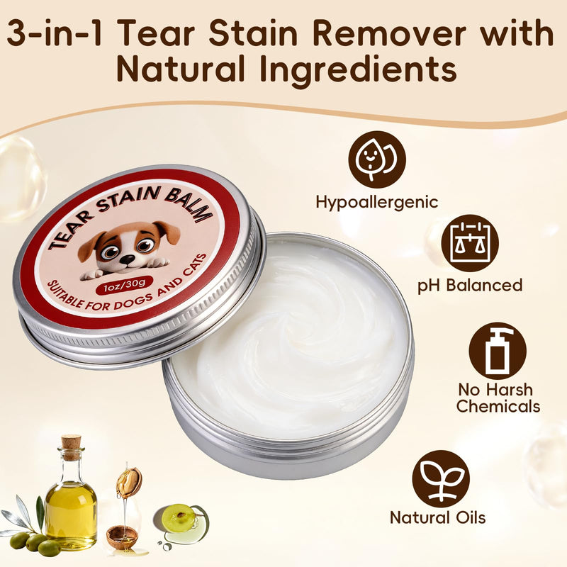 3-in-1 Tear Stain Remover Kit – Natural Eye Balm for Dogs & Cats, Professional Eye Crust Remover for White Fur Maltese & Shih Tzu, Safe if Licked, 1oz