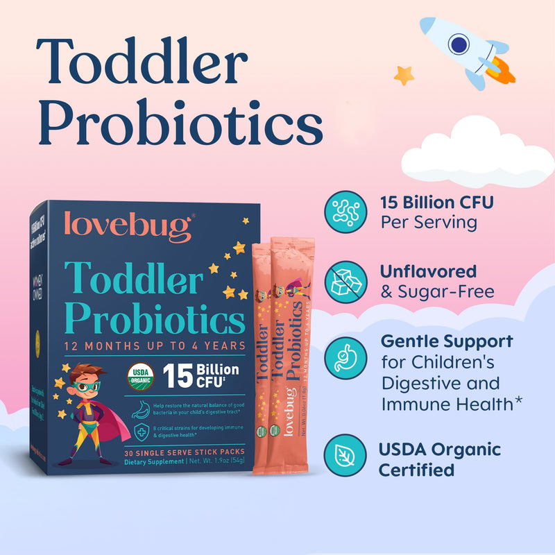 LOVEBUG Award Winning Probiotics | Constipation & Stomach Discomfort | Softer Bowel Movements | Easy-to-Take Powder | Ages 12 Months to 4 Years | 60 Packets 60 Pack (Pack of 1)