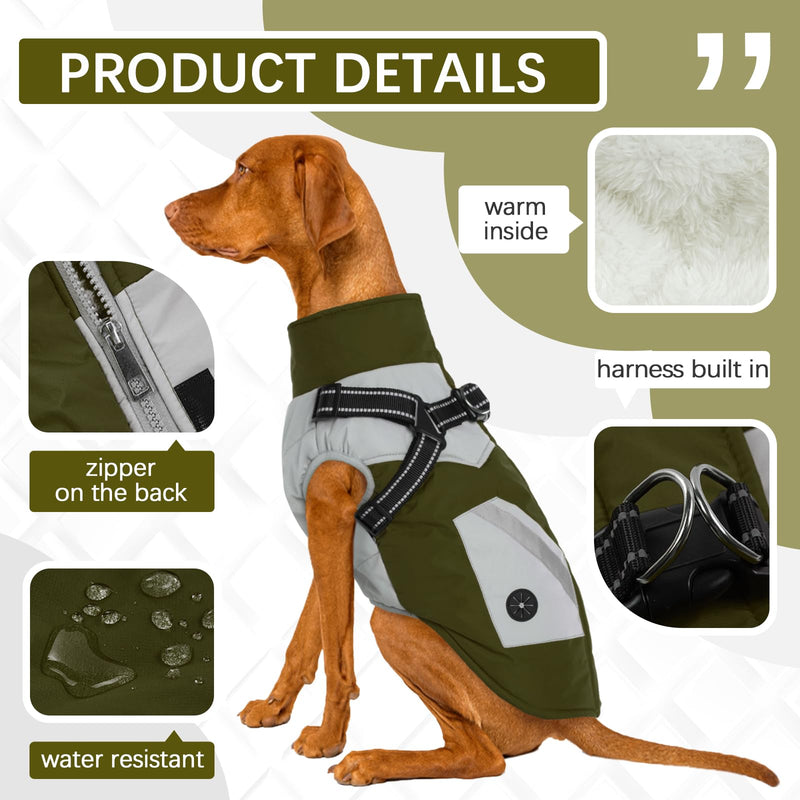 FUAMEY Dog Jackets-Dog Coat with Harness Built in-Waterproof Dog Jacket-Dog Winter Coat with Zipper On Back-Snowsuit Pet Clothes Poop Bag Pockets-Reflective Dog Vest for Extra Small Dogs Green XS X-Small(chest:14in) - BeesActive Australia