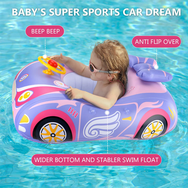 Baby Pool Float with 3D Car Design, PVC Baby Swim Float, Toddler Pool Float, Swimming Floats Seat Boat Pool Toys with Steering Wheel for 12-18, 12-24 Months, Age 2-3, 3+ Years Girl Boy Pink