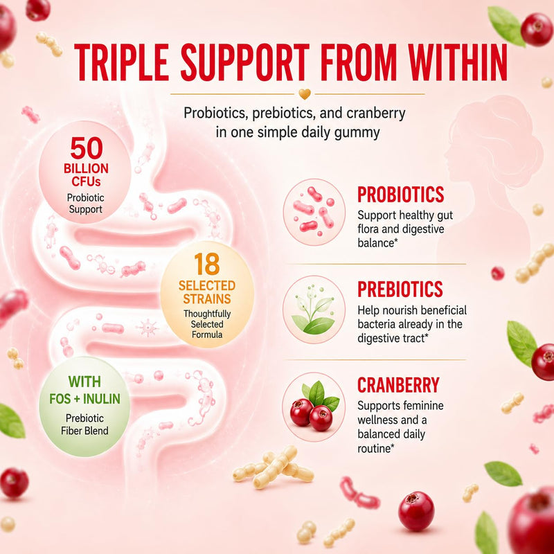Vaginal Probiotic Gummies for Women, Women's Probiotic with Cranberry and Vitamin C, Supports Feminine pH Balance, Healthy Flora, Digestive & Vaginal Health, 60 Gummies