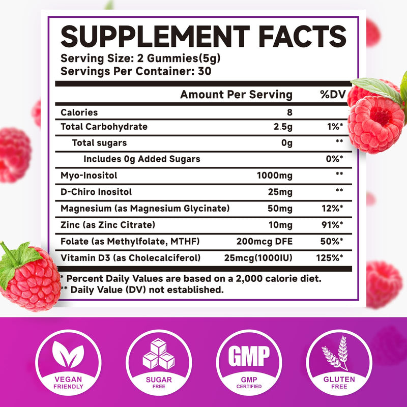 MEENCCD Myo-Inositol & D-Chiro Inositol Gummies, 40:1 Ratio Inositol with Vitamin D3, Magnesium Glycinate, Folate & Zinc, Inositol Supplement for Female Health, Raspberry Flavor, 60 Count 60 Count (Pack of 1)