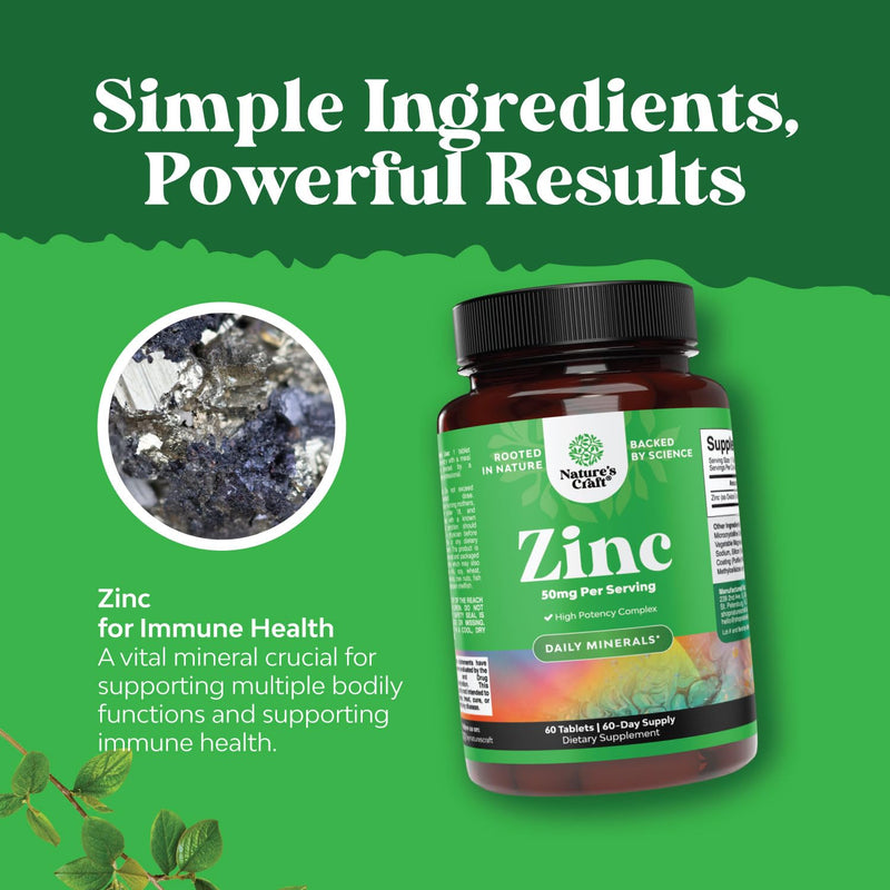 Zinc 50mg Immune Support Supplement - Zinc Complex Supplement for Immune System and to Enhance Hair Skin and Nails Vitamins - Easy to Swallow Potent Daily Tablets for Adults - 60 Count 60 Count (Pack of 1)