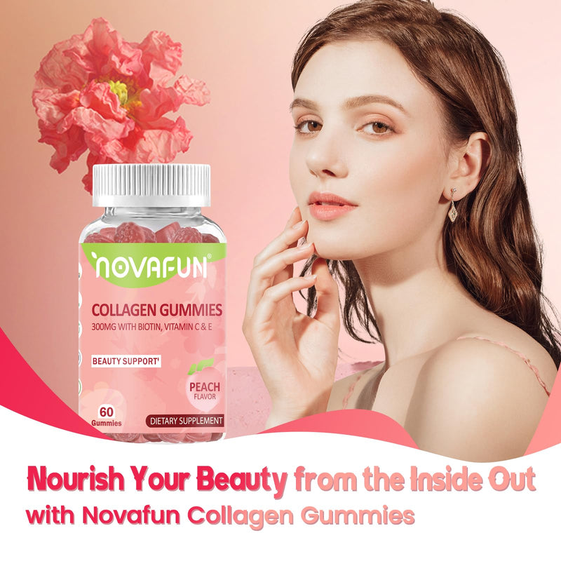 Collagen Gummies 300mg for Women, Hair, Skin & Nails, 60 Gummies | With Biotin & Vitamins C and E, Gluten-Free Vegetarian Gummies, Peach Flavor