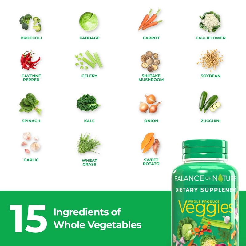 Balance of Nature Whole Veggies Superfood Supplement, 90 Servings | Made with Real Superfood Vegetables to Deliver Daily Nutritional Support in a Convenient Capsule Form Daily